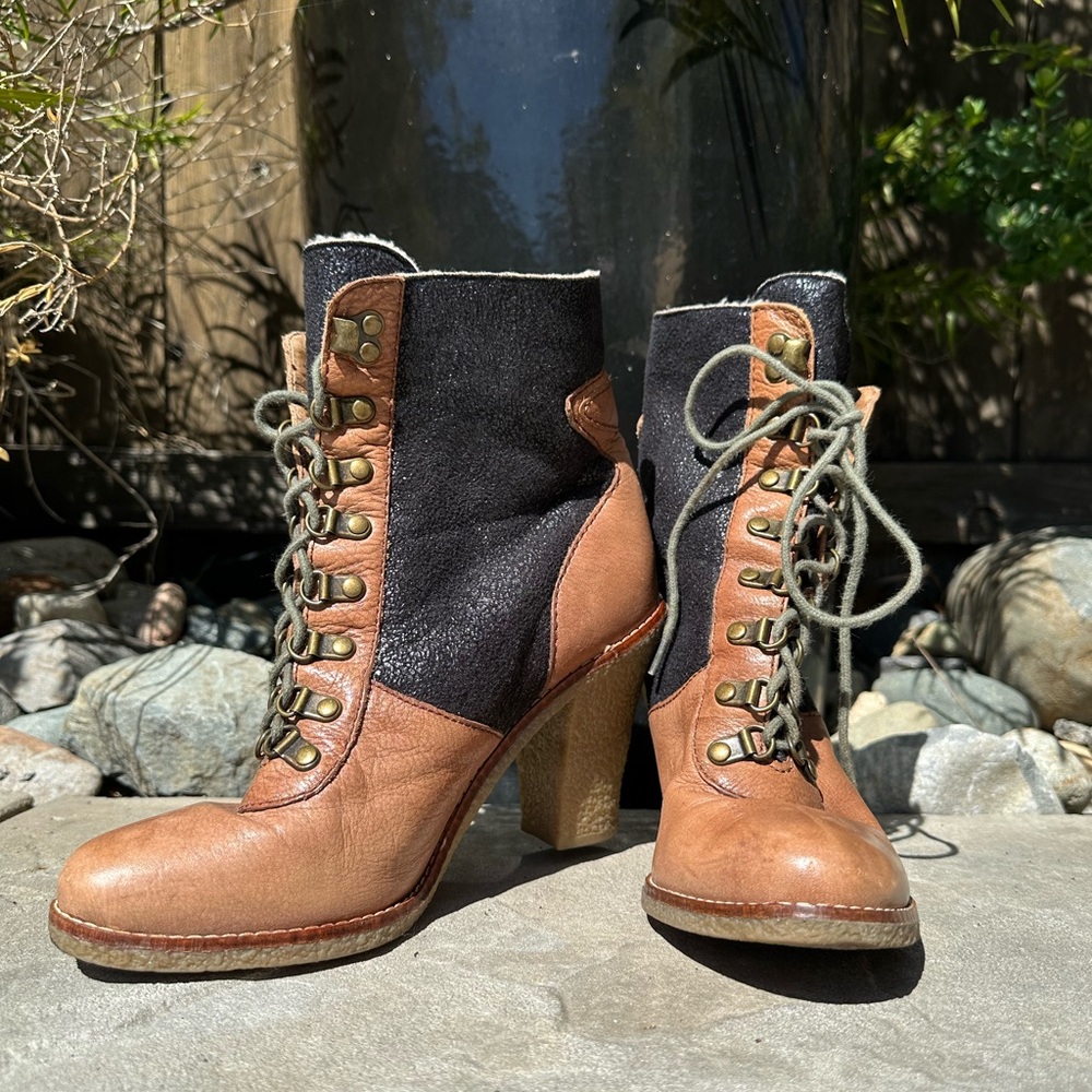 Sam Edelman Tara Brown Leather Shearling Heeled Boots Size 7.5